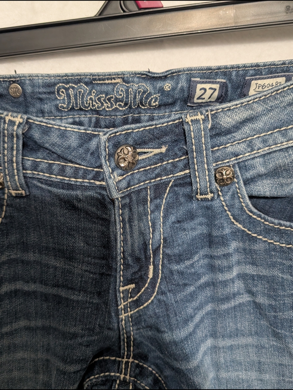 Miss Me Women's Blue Slim Straight Jeans with Contrast Stitching Embellished